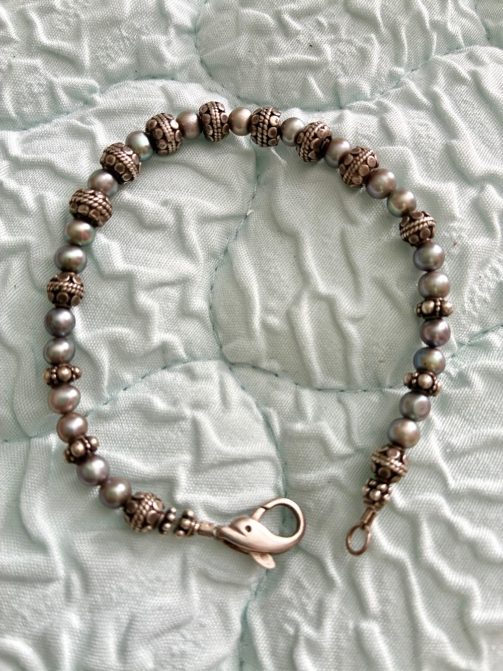 Sterling Silver Bali Beads and Peacock Pearls Bracelet